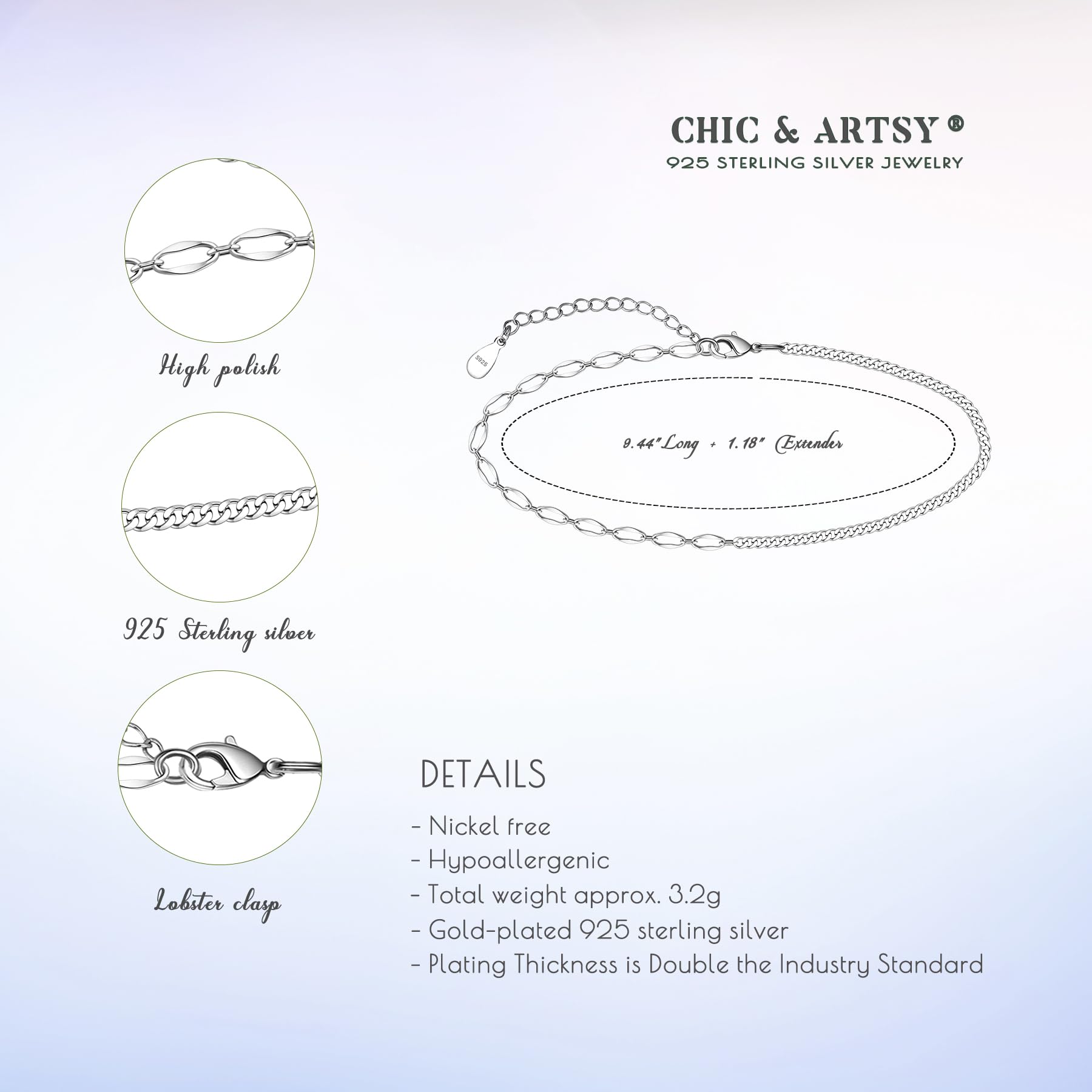 CHIC & ARTSY Sterling Silver Minimalist Anklet, 10.7 inches, Silver, Hypoallergenic, Chain Anklet, Adjustable for Any Occasion