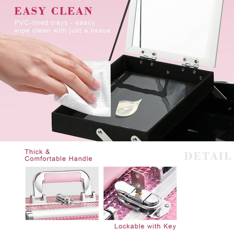 Velore Pink Makeup Train Case, Lockable Portable Organizer with