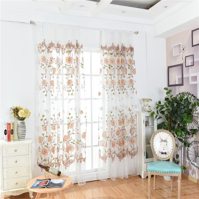 Parte de La Ranura Del Panel - 6 Colores - Net \u0026 Gauze Window Drapery Peony Pattern Impreso Offset (1 Pieza) Amarillo-100x200cm BLESIY Cortina de bloqueo