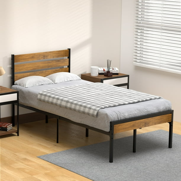 IDEALHOUSE Twin Bed Frame with Wood Headboard and Metal Slats Support