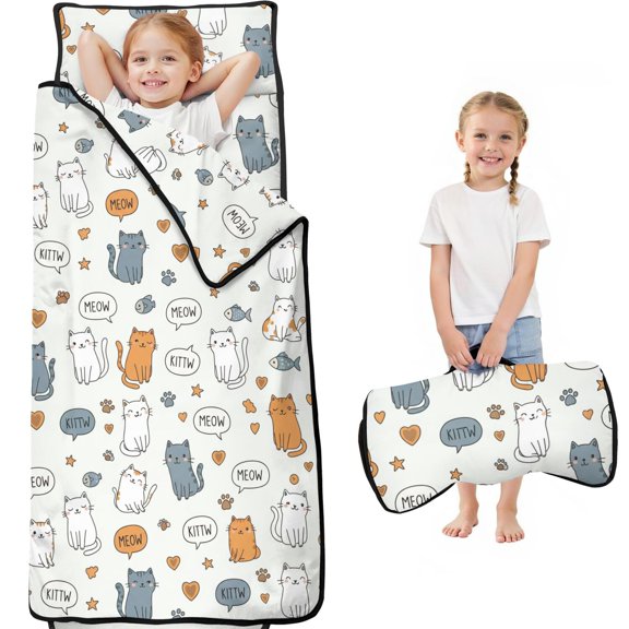Cat and Dog Paw Print White Pattern Teens Toddler Nap Mat with Pillow, Sleeping Mat Bag for Preschool Daycare 59"x22"