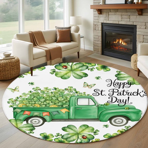 St. Patrick's Day Round Area Rug 8Ft Washable Large Circle Rugs for Living Room Dorm, Lucky Shamrocks Green Car Country Plants Non-Slip Carpet Floor Mats Indoor Outdoor Carpet Runner Home Decor