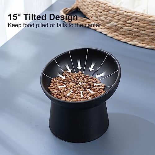 Ceramic Raised Cat Bowls, Elevated Tilted Cat Food and Water Bowls Set, Stress Free Pet Feeding Dish for Indoor Cats and Small Dogs, Anti Vomiting, Black, 2 Pack