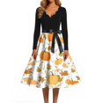 thumbnail image 4 of Halloween Dresses for Women Pumpkin Castle V Neck Cocktail 1950s Fall Dress Long Sleeve Hepburn Classic Vintage Dresses with Belt M, 4 of 5