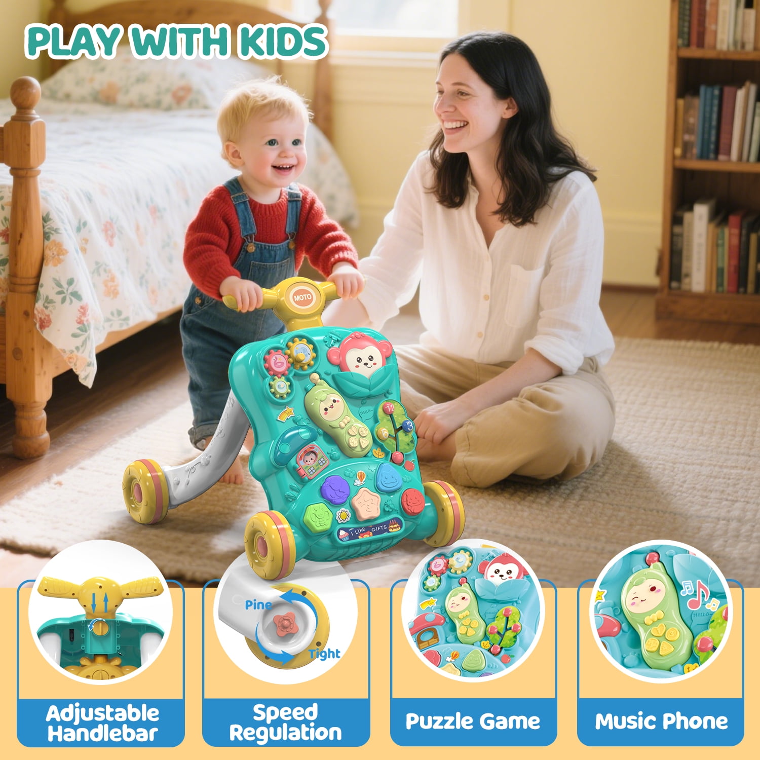 JoyStone Baby Push Walkers, Kids Multiple Activity Center, Lights, Music, Early Learning Push Toys, Toy Gift for Infant Boys Girls, Green