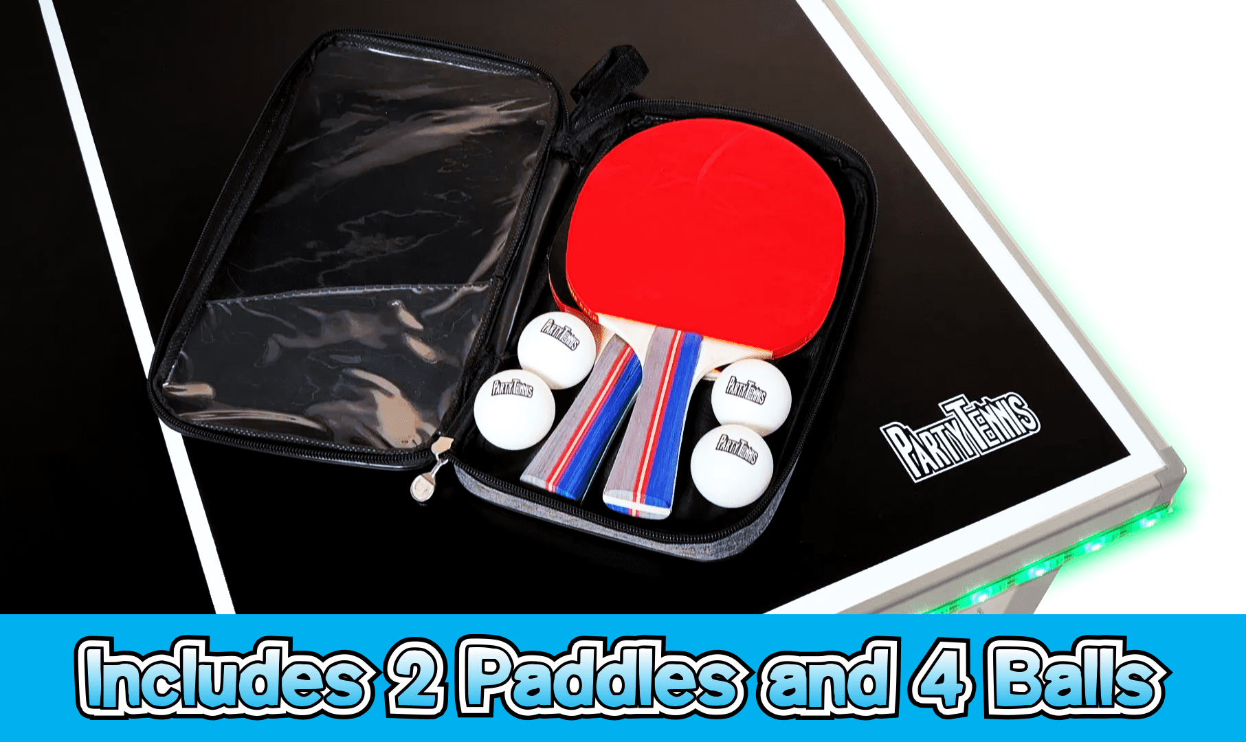 PartyLife Mid Size 6 ft x 3 ft Folding Portable Table Tennis Ping Pong Table w/ LED Lights - Black Edition