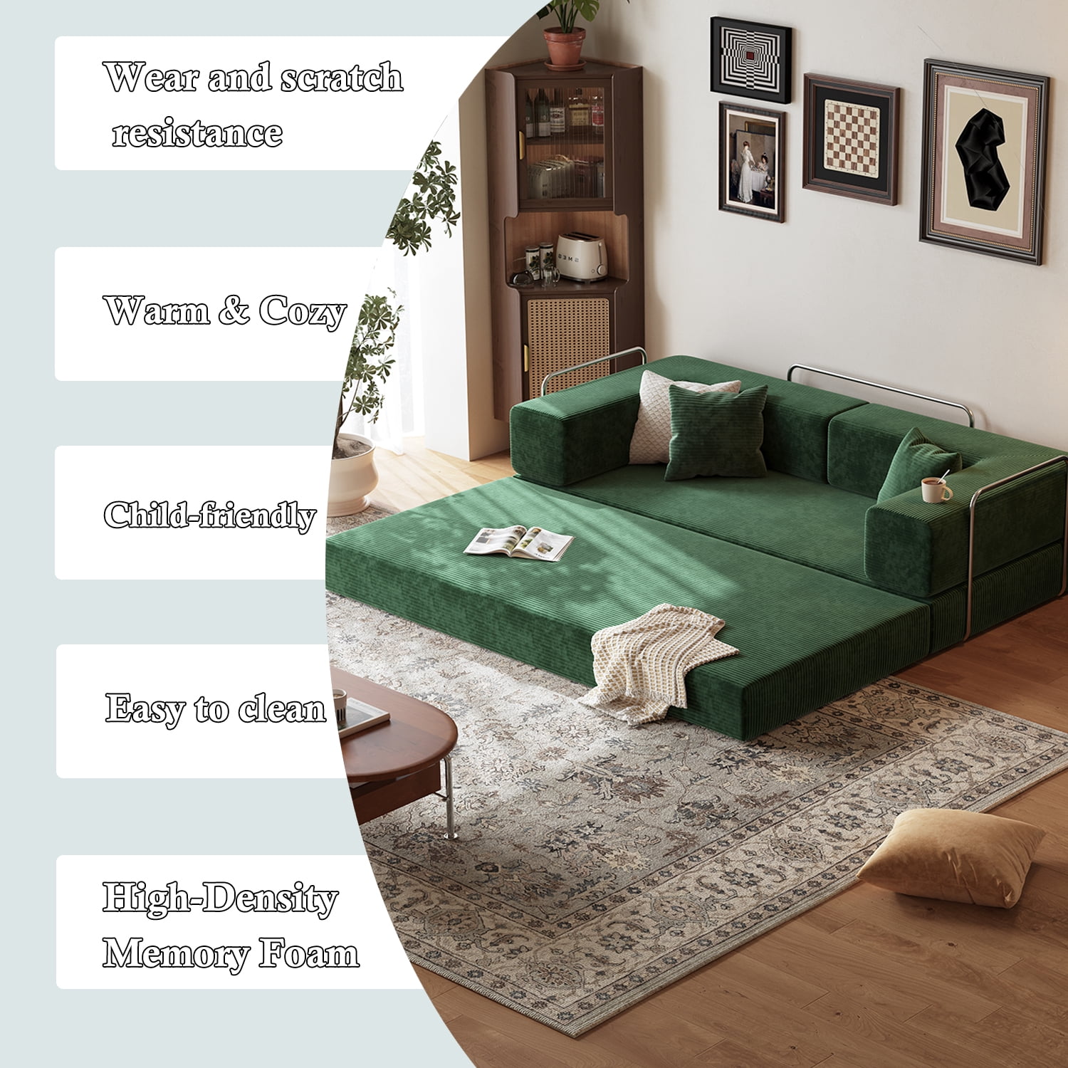 Lodeija 80.3" 5-in-1 Convertible Futon Sofa Bed, Green Corduroy Tatami Sleeper Couch for Small Spaces, 2 Pillows