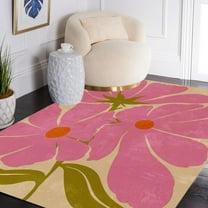 Olive Green Pink Flower Pattern Carpet For Livingroom Bedroom Guestroom Stain Resistant Washable Area Rugs In Playroom Diningroom Mid Century Modern Rug Retro Fresh Vibrant Mat 5x7ft