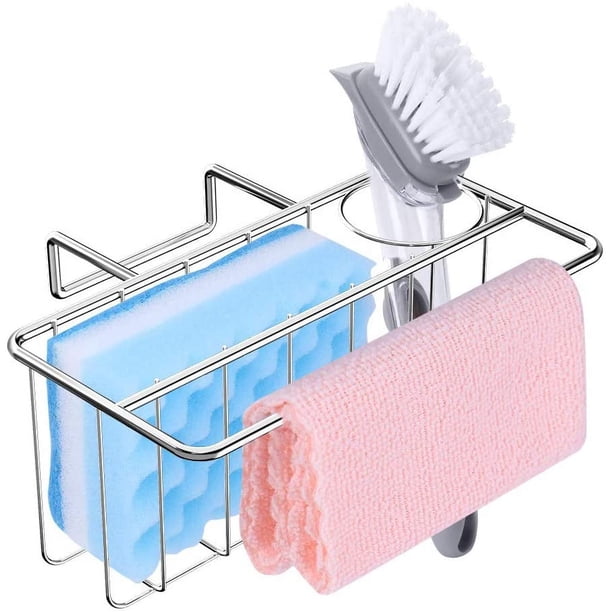 Soporte de esponja para carrito de fregadero – Soporte para esponjas de fregadero de cocina, soporte para cepillo 2 en 1, carrito de esponja impermeable de acero inoxidable SUS 304, sin perforación