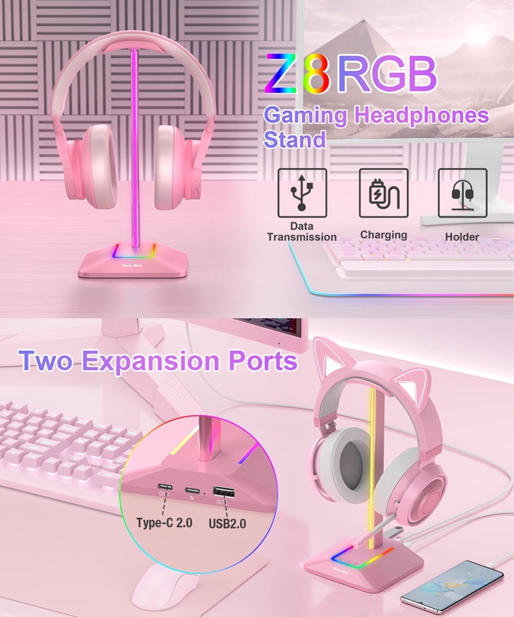 New bee Headset Stand with 7-Color LED, Ports (Type-C/USB) for