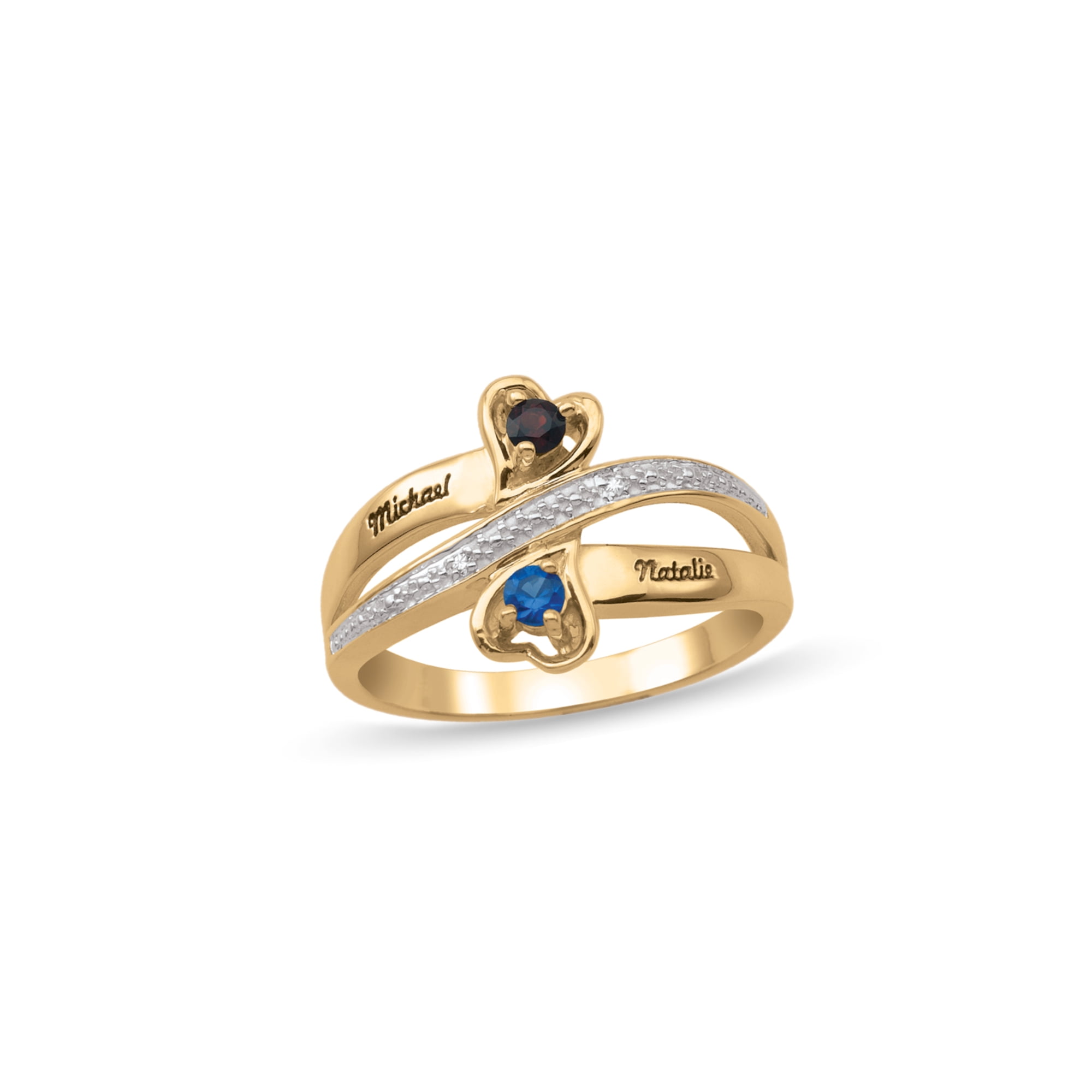 Personalized Heart Design Engravable Couple's Birthstone Ring in 10K Gold with Diamond Accents by Jewlster