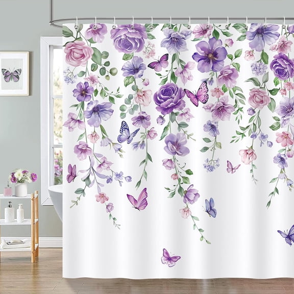 Purple Floral Shower Curtain, Watercolor Pink Flower Leaves Butterfly Bathroom Decor 72 x 72 Inch Polyester Fabric Waterproof Bath Curtain with 12 Hooks