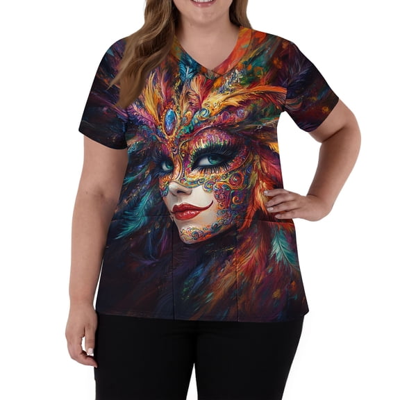 Lumtrix Mardi Gras Scrubs for Women V Neck Short Sleeve Mask Printed Tops with Pockets Side Slit Nursing Uniform Saffron XL