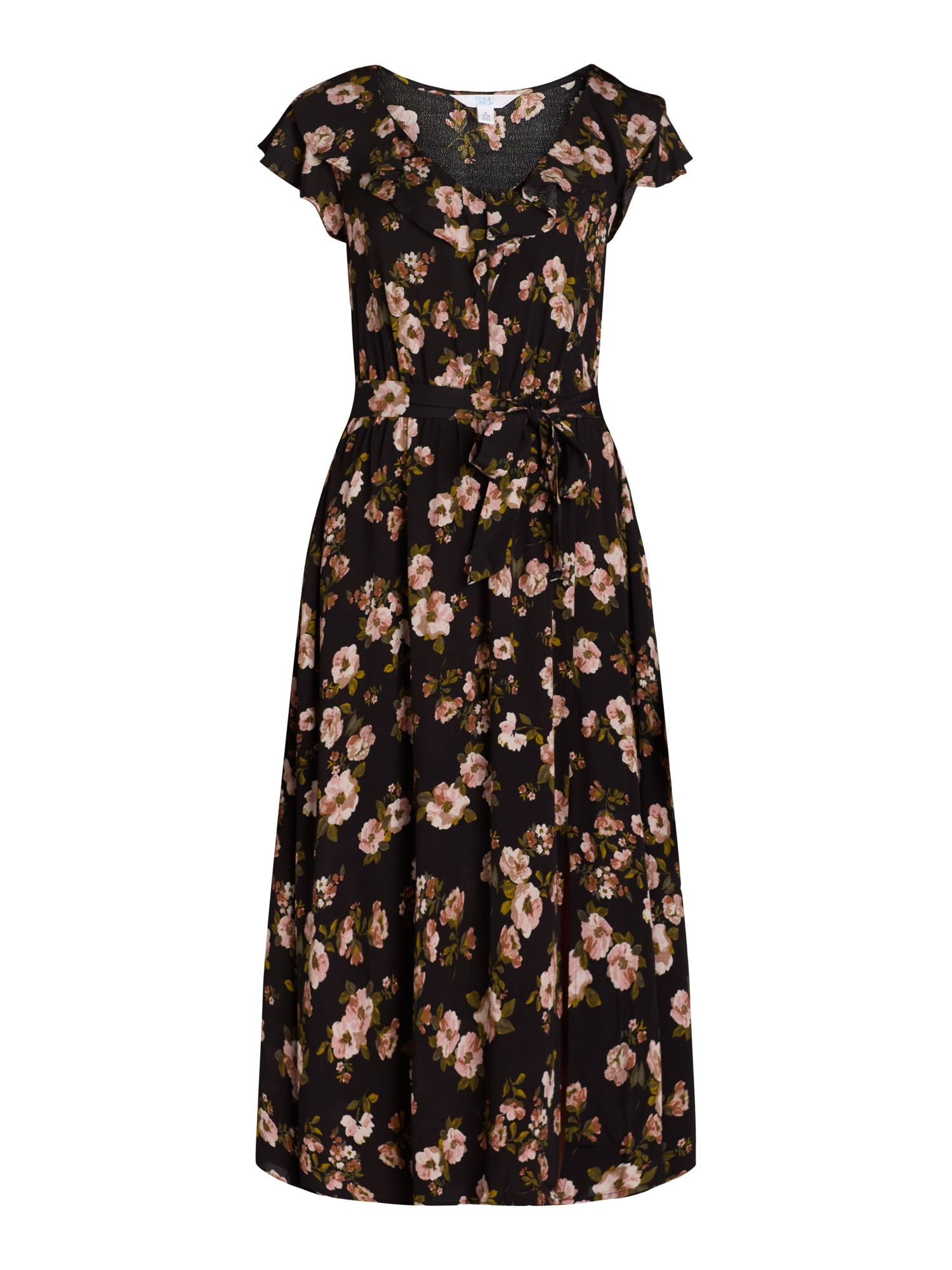 Time and Tru Women's and Women's Plus Ruffle Neck Midi Dress, Sizes XS-4X