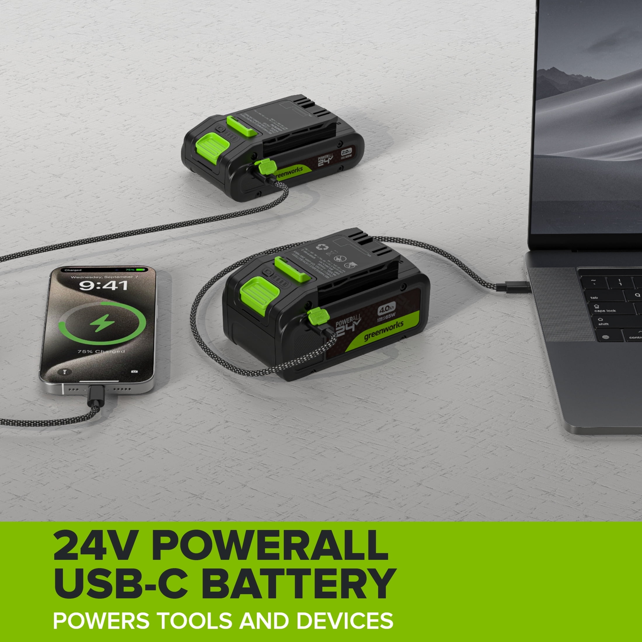 Greenworks PowerAll 24V Battery 2-Pack with 2.0 Ah Batteries with Cable, K2D4NNAA3