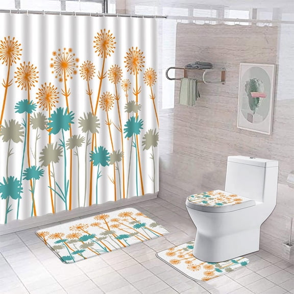 4 Pcs Purple Rose Shower Curtains Sets with Non-Slip Rug Toilet Lid Cover Bath Mat Sliver Grey Moon Floral Bathroom Decor Hooks