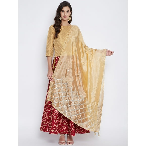 Woman's Indian Ethnic Chunni, Silk blend Embroidered Golden Dupatta, Stole, Scarf Shawl Wrap