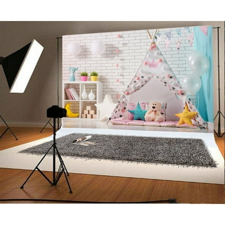 Image of GreenDecor 7x5ft Photography Backdrop Children Room with Play Tent Balloon Star Bear Toys Scene Photo Background Children Baby Adults Portraits Backdrop