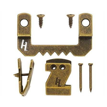 HangZ 34051 Flat Mount Sawtooth Picture Hook and Hanger Kit 15lb Antique Brass