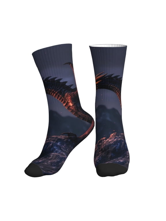 Crew Socks for Women Men Athletic - Fire Breathing Dragon Twilight Soft Comfort Breathable Mid-Calf Sole Running Socks Womens Men