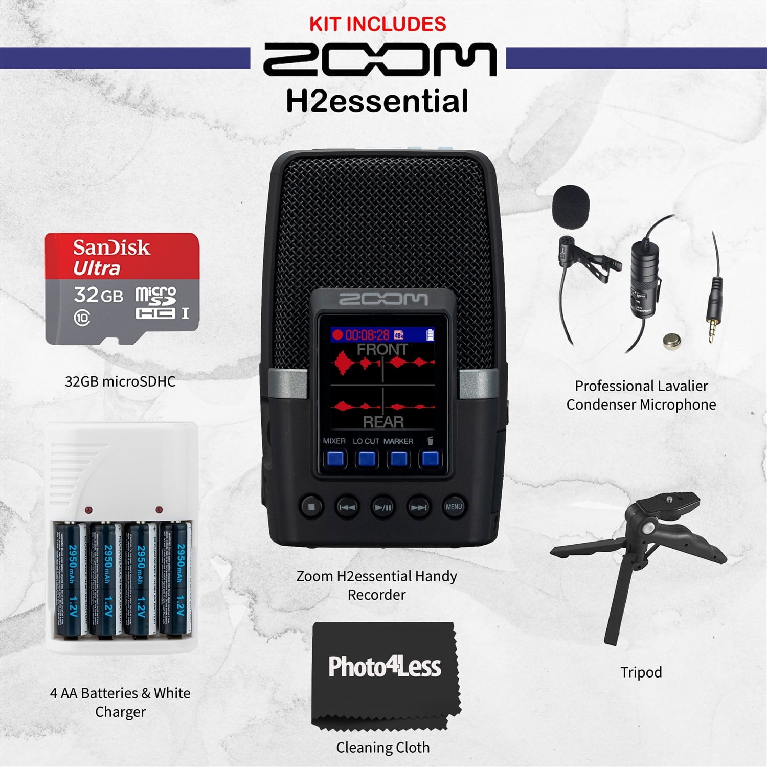 Zoom H2essential Multi-Mic Handy Recorder Bundle with 32GB microSDHC Card with Adapter, Vidpro Professional Lavalier Condenser Microphone, 4 AA Batteries & Charger, Table Tripod Hand Grip
