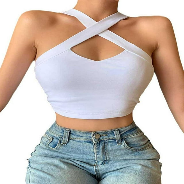 Women Solid Color Vest Cross Hanging Neck Short Camisole Hollow Slim