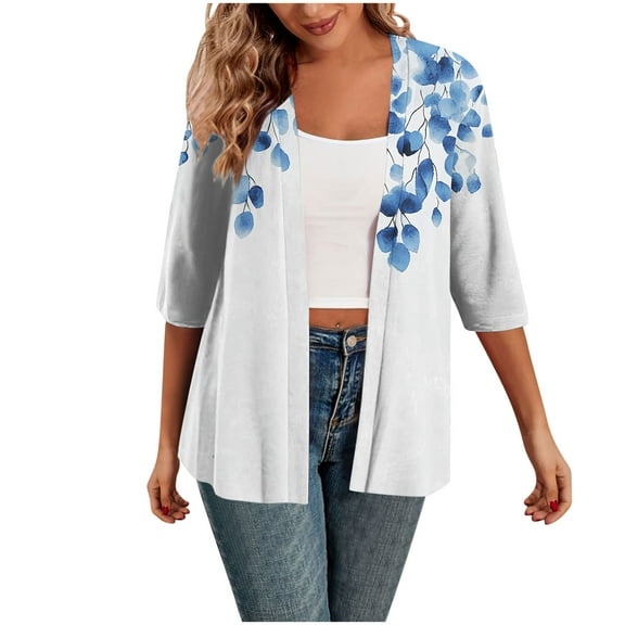 bbymog Women's 3/4 Sleeve Lightweight Cardigans Elegant Casual White Cardigan Fall Cardigans for Women Trendy Light Blue B XL