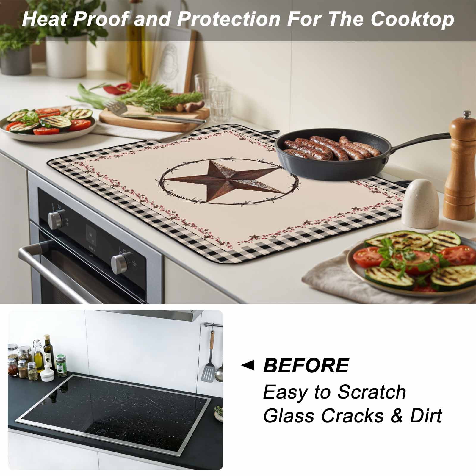 Star Country Stove Top Cover for Electric Stove, Heat-proof & Non Slip Glass Top Stove Cover Protector, Western Texas Farm Black Plaid Brown Berry Kitchen Flat Cooktop Rubber Mat 24x21 Inches