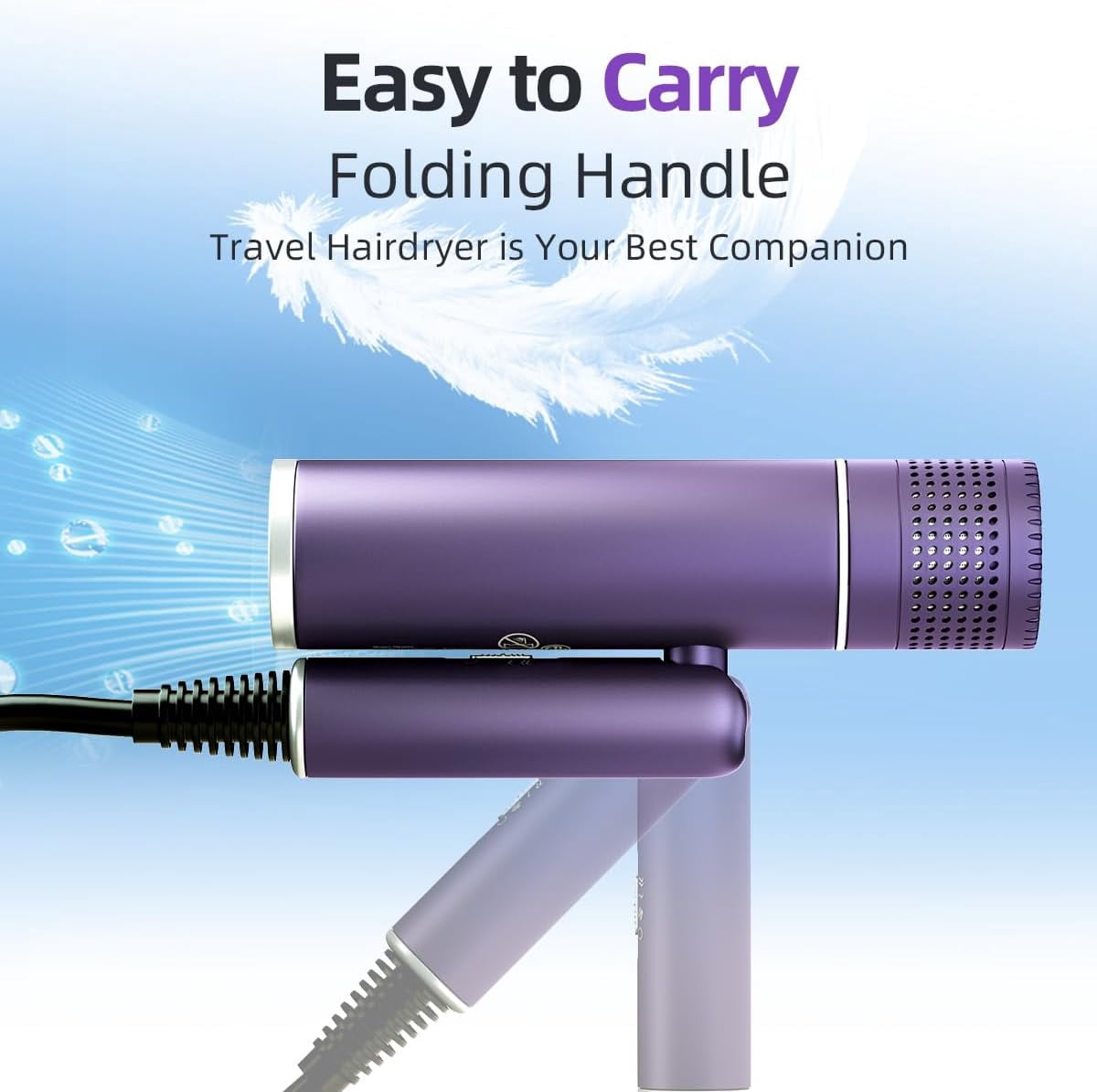 Hair Dryer for Women, Travel Hair Dryer, Powerful Ionic BlowDryer for Fast Drying, Lightweight Portable HairDryer, 3 Temperature 2 Speed Settings, Folding Handle for Compact with Storage Bag, Purple