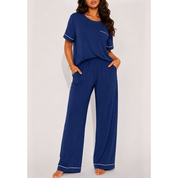 DAKIMOE Womens Pajama Sets Pajamas for Women Set Capri Sleepwear Short Sleeve Two-Piece Pjs Tops & Long Pants Casual Prints Lounge Sets for Women S-2XL