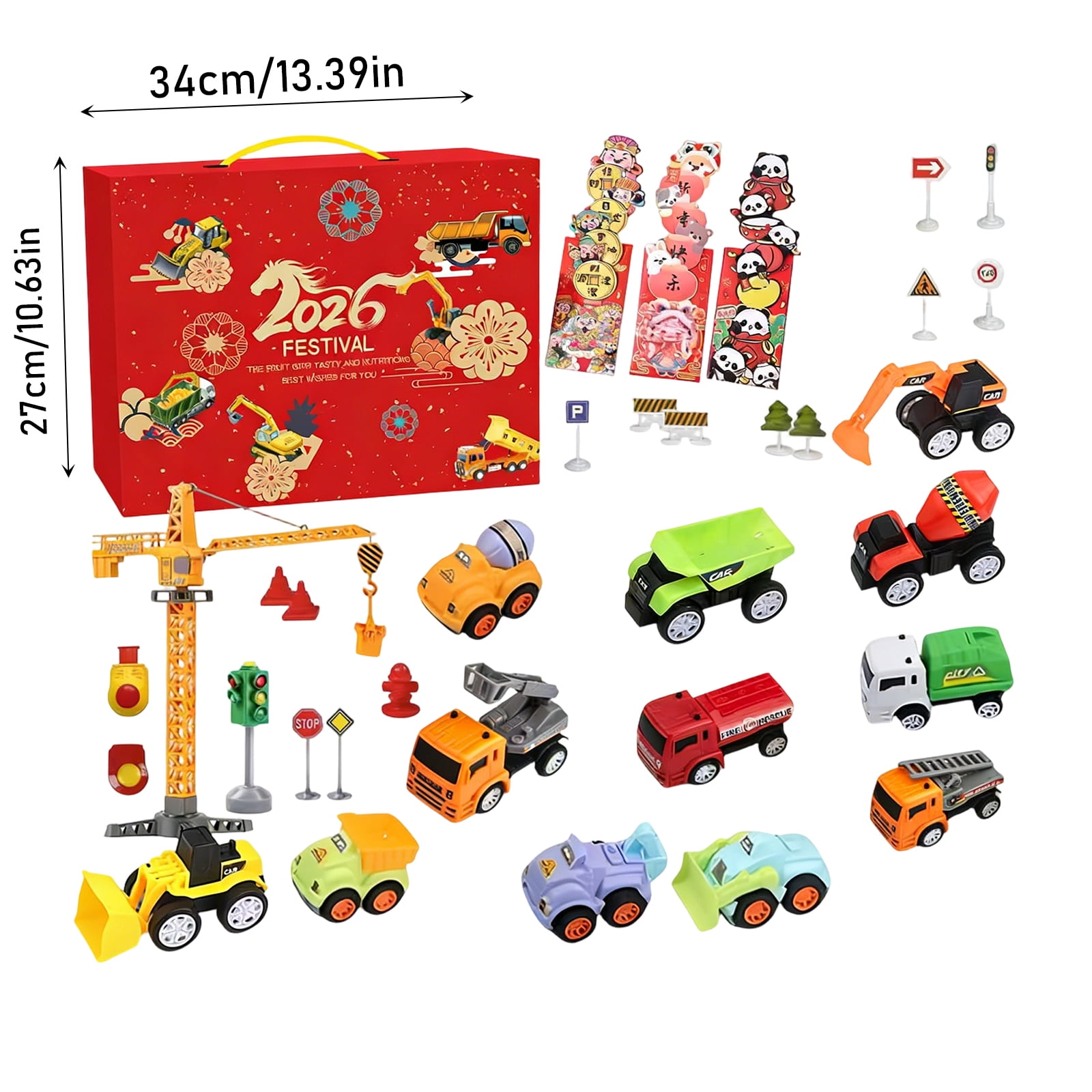 Engineering Vehicle Toy Blind Box - 17 - Grid Surprise Box with 4 Red Packets & 13 Toys, Red Aircraft - Shaped Gift Box, Boys, Girls for Christmas, Birthday, Party Favors