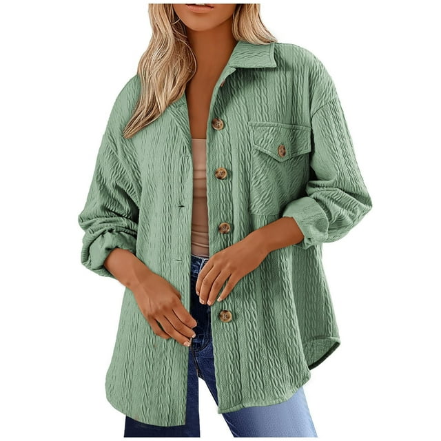 Htigea Women's Shacket Cardigans Collared Long Sleeve Button Down Coats Solid Color Boyfriend Pocket Shirts Jackets Green,S
