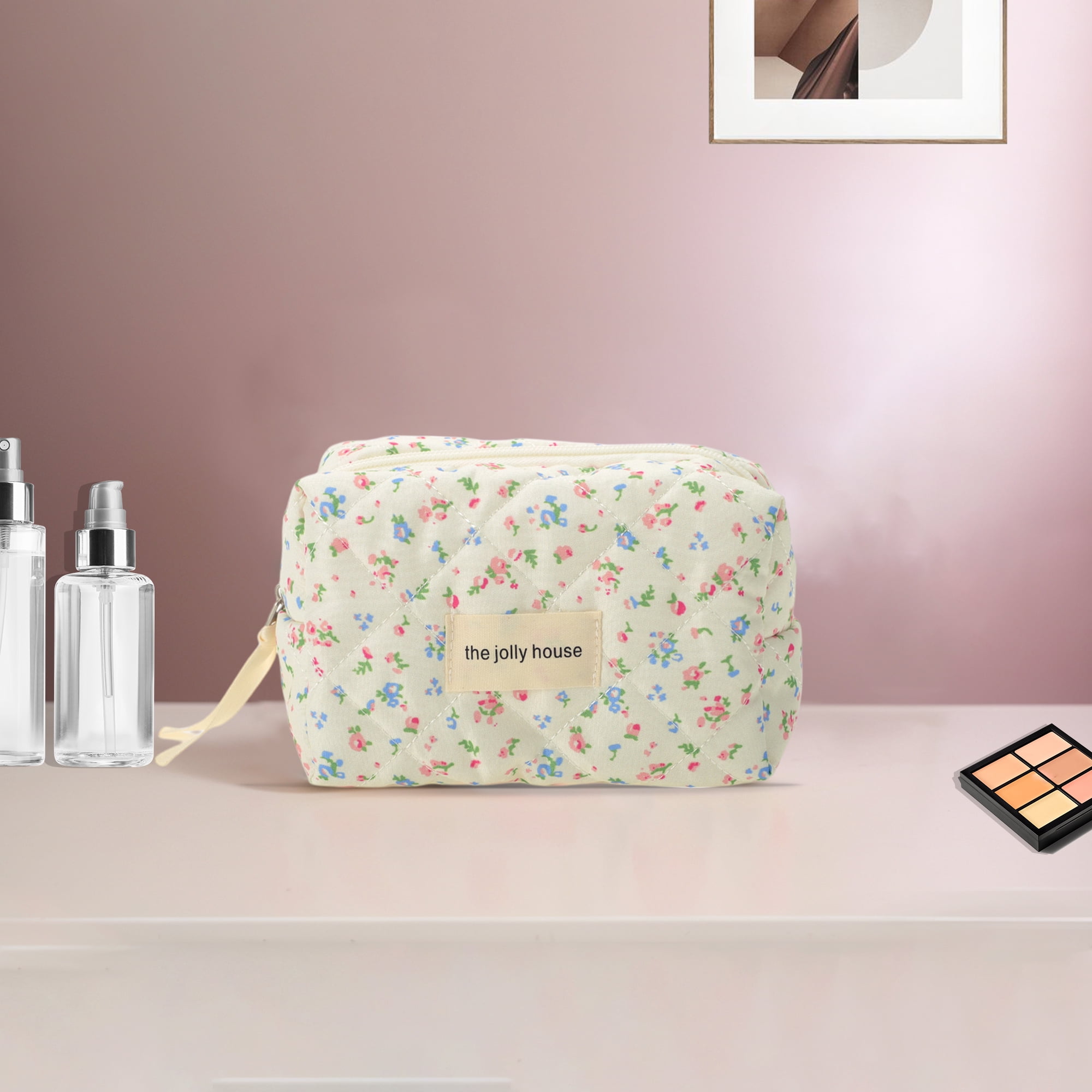 Unique Bargains Quilted Square Flowers Makeup Bag Red Green for Travel and Storage