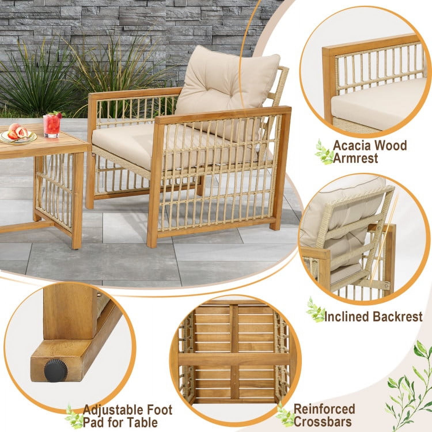 Aimee Lii 3 Pieces Patio Wicker Conversation Set with Acacia Wood Frame and Cushions, Outdoor Patio Set, Beige