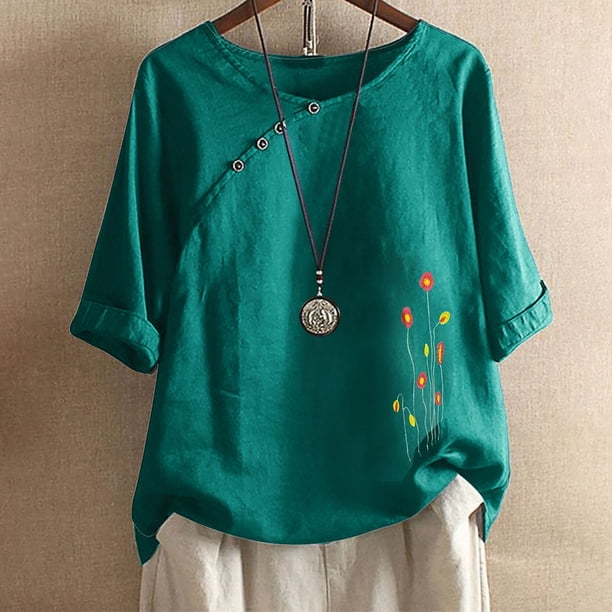 Puntoco Mujer Verano Casual Cuello Redondo Manga Corta Estampado De Flores Camisa Suelta Tops Puntoco Puntoco-841