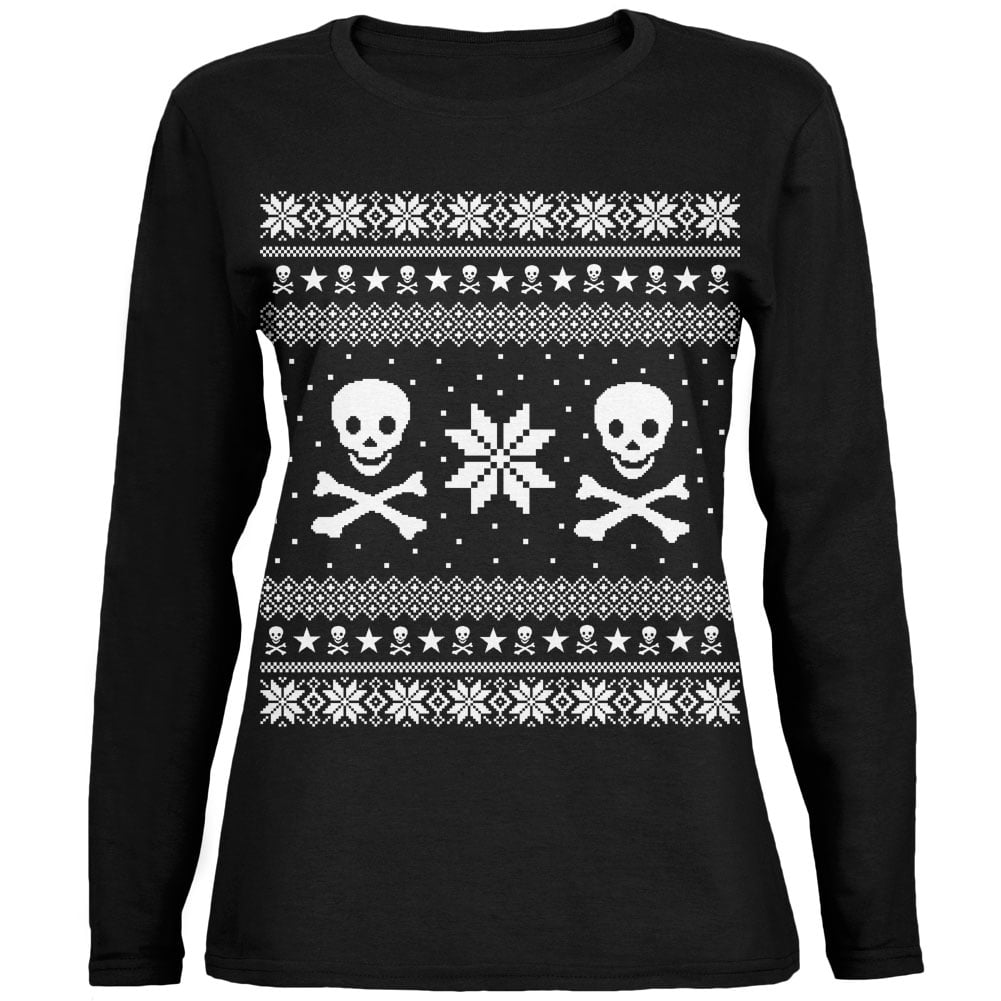 Old Glory Skull \u0026 Crossbones Ugly Christmas Sweater Black Womens Long Sleeve T-Shirt