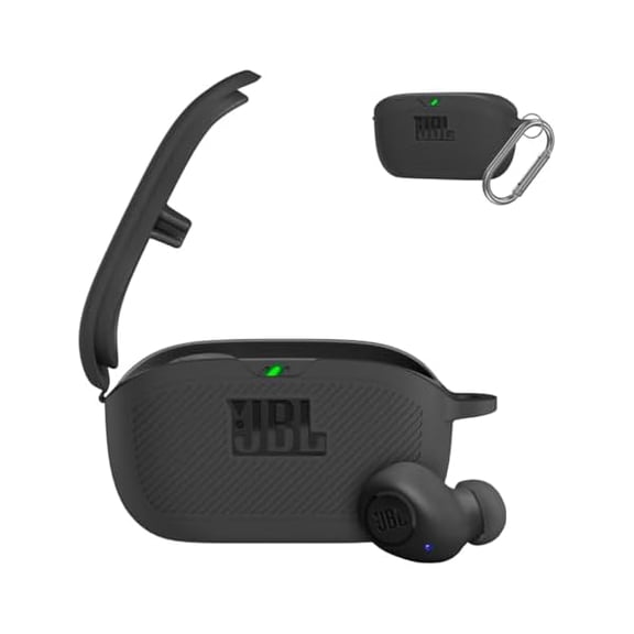 for JBL Vibe Buds Case Cover, Silicone Protective Portable Scratch Shock Resistant Logo Visible Design Cover Compatible with JBL Vibe Buds Headphones Charging Case with Carabiner-Black