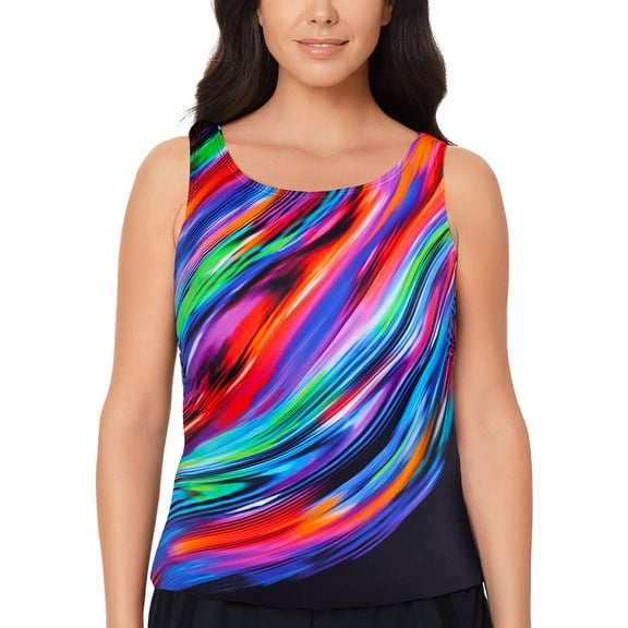 Reebok Womens Striped High-Neck Tankini Swim Top