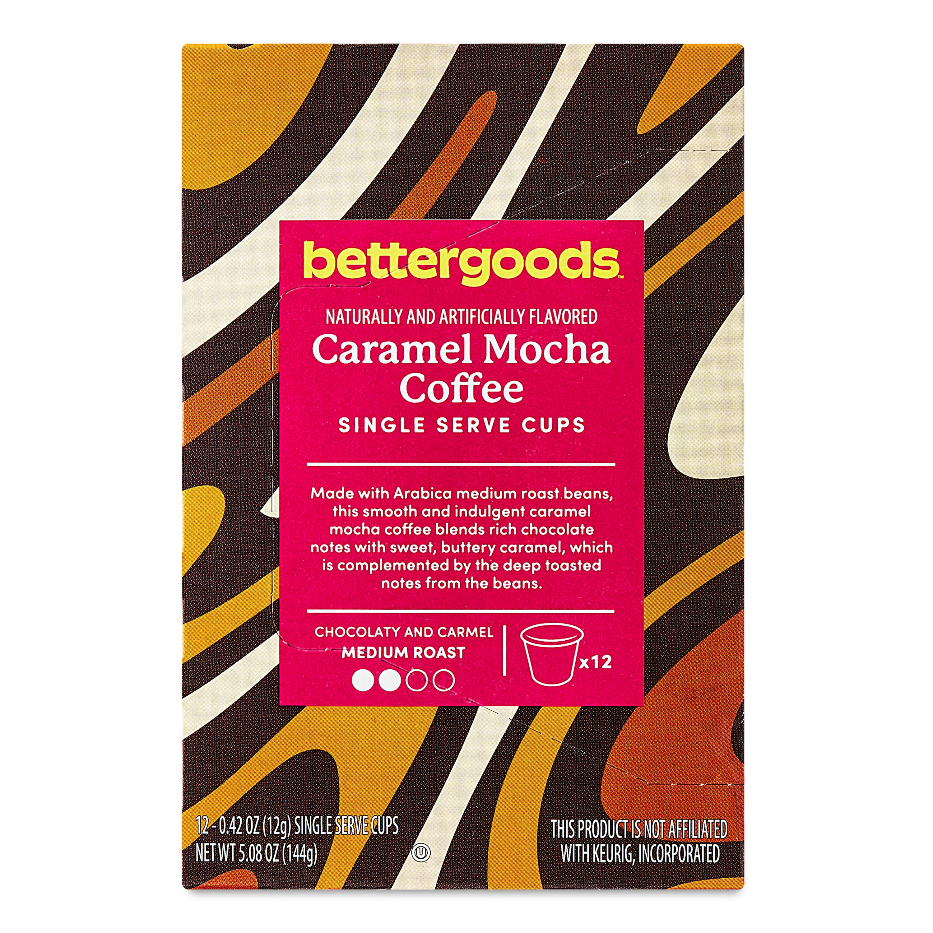 (3 pack) bettergoods Caramel Mocha Flavored Coffee, Medium Roast, Single Serve Cups, 0.42 oz, 12 Count