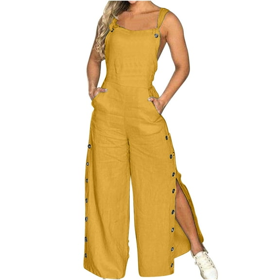 aidice Summer Overalls for Women Casual Tie Adjustable Strap Backless Side Split Solid Color Pants Jumpsuits