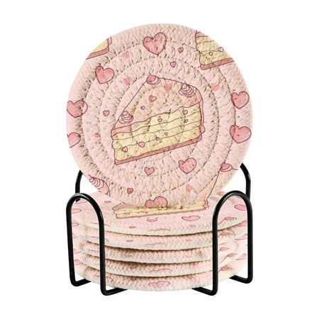 

WOBOGO Strawberry Flavored Heart Cake Pattern Coil Coasters Set of 6 Minimalist Cotton Woven 3.94 inch Non-Slip Insulated and Absorbent Home Accessories.