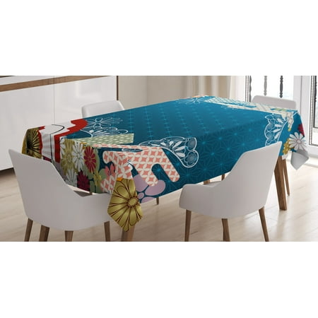 Contemporary Rectangular Flowers Modern Decor Tablecloth, Japanese Contemporary Asian Art with Flowers Hand Fans on Blue Backdrop Print, Rectangular Table Cover for Dining Room Kitchen, 60 X 84 Inches, Multicolor, by Ambesonne ()