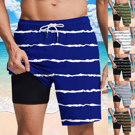 FRSASU Mens Swim Trunks with Compression Liner and Strip Print 9 Inch Stretch Quick Dry Swim Shorts with Zipper Pockets Swimwear White