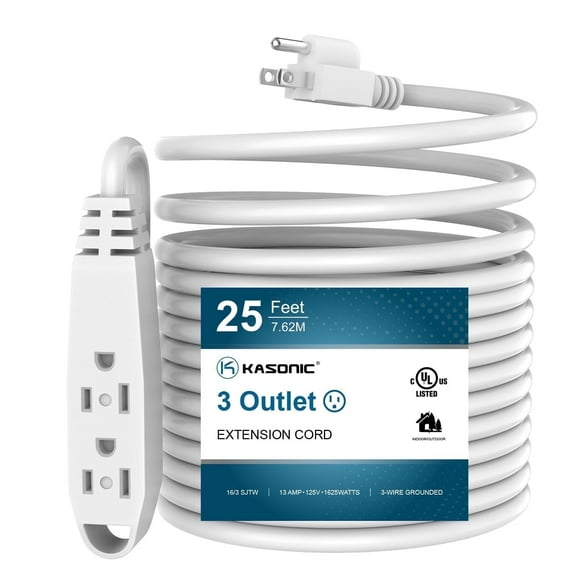 Kasonic Extension Cord, 25 Feet 3 Outlet 3 Wire Grounded White Cord, 13 Amp 125 V - 1625 Watts UL Listed