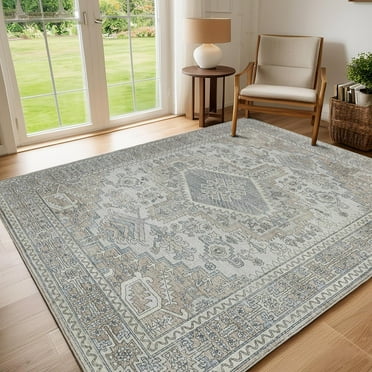 Machine Washable Rugs 8x10 Area Rugs for Living Room,Ultra Soft Low Pile Retro Rugs for Bedroom,Dining Room,Large Non Slip Carpet Vintage Distressed for Farmhouse Office Home Decor