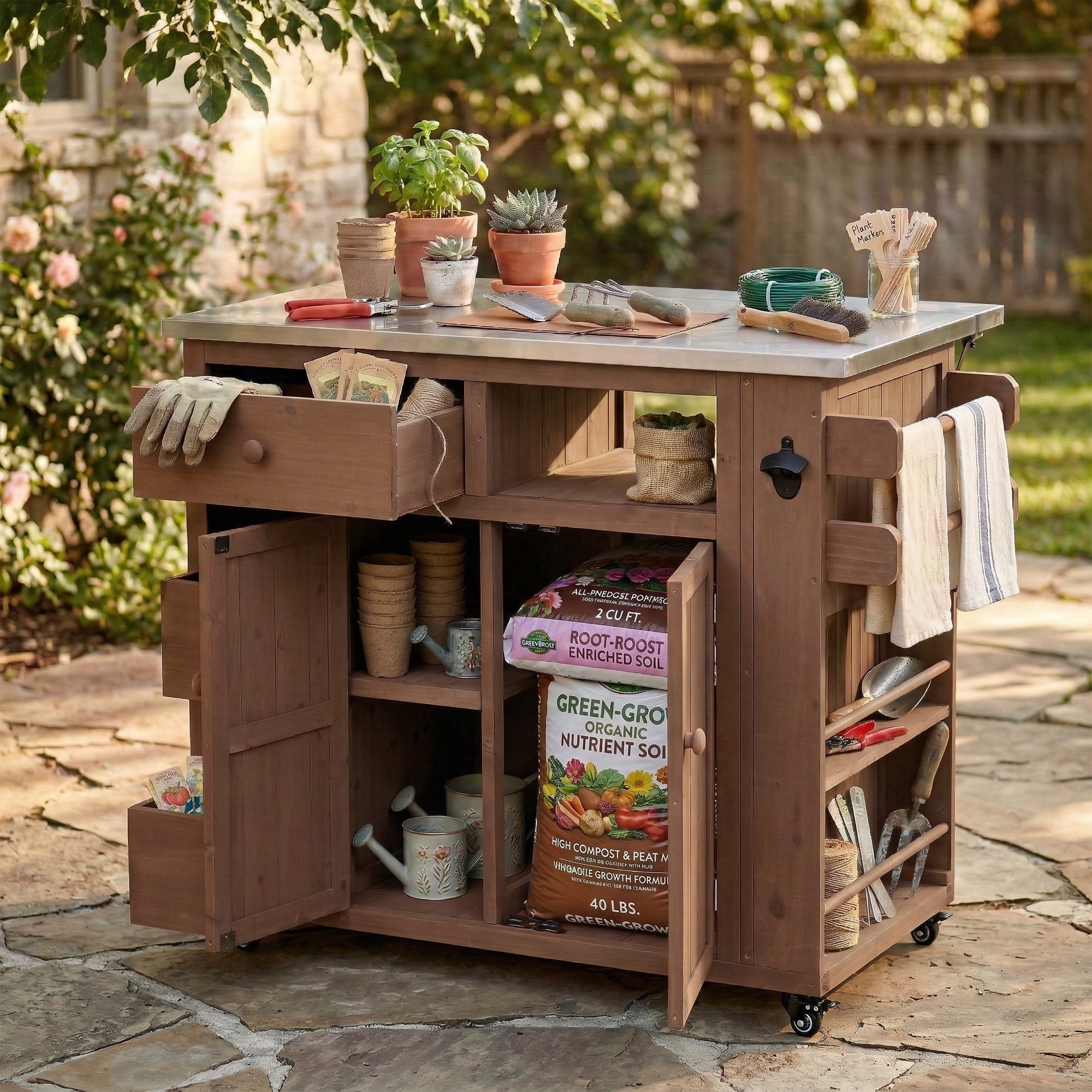 Mintazer 28" Extendable Outdoor Kitchen Island Cart with Stainless Steel Top & Side Spice Rack, Rolling Kitchen Island with Drawers & Storage, Brown