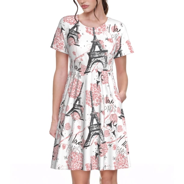 Fotbe Paris Vestido Largo de Moda para Mujer, Vestido Tipo Camiseta con Manga Corta y Estilo Casual a Rayas y Bloques de Color