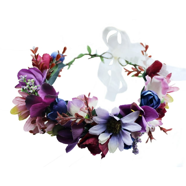 Vivivalue Floral Halo Boho Flor Diadema Corona Floral Tocado Corona de Pelo con Cinta Boda Fiesta Fiesta Fotos Festival Púrpura