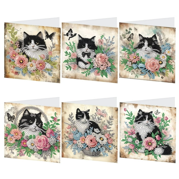 6pcs Diamond Art Painting Kit Greeting Card, Cat in the Flower 5D DIY Special Shape Diamond Greeting Card Creative Gifts, Christmas Thanksgiving Greeting Card Congratulation