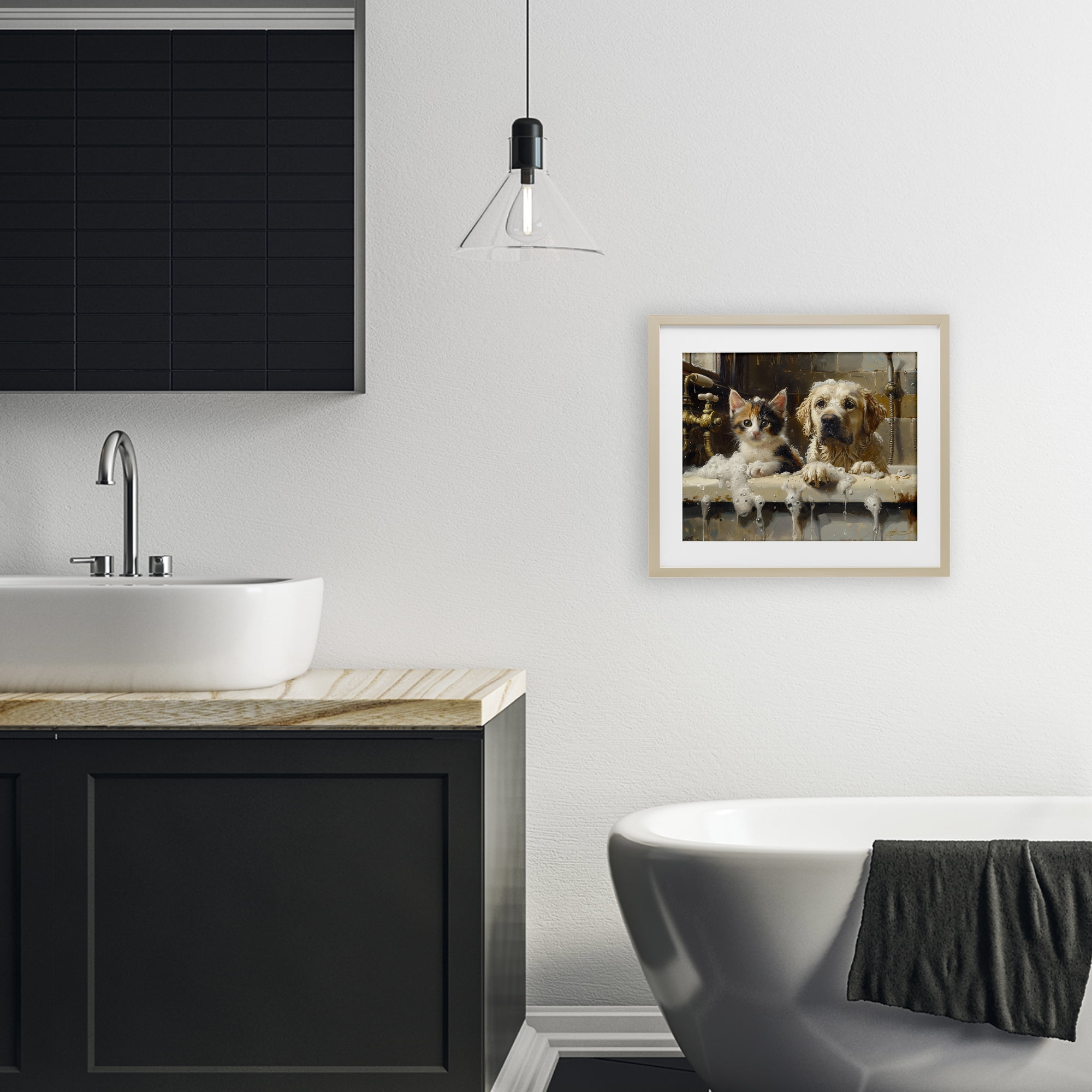 Bath Buddies Cat & Dog Birch Framed Print Under Glass, design by Shawna Stewart